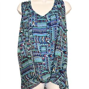 HALO Blue Aztec Geometric Print Top Sleeveless Keyhole Back Women’s Size M/L